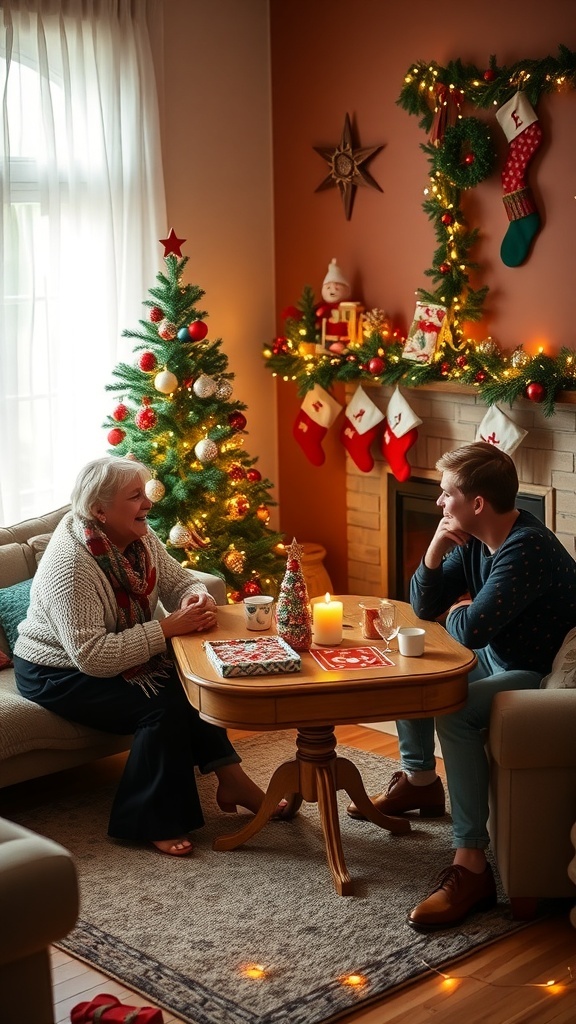 Three friends enjoying Christmas party games in a decorated living room with a Christmas tree.